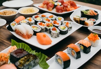 AI-generated illustration of a selection of sushi on white plates arranged on a wooden table