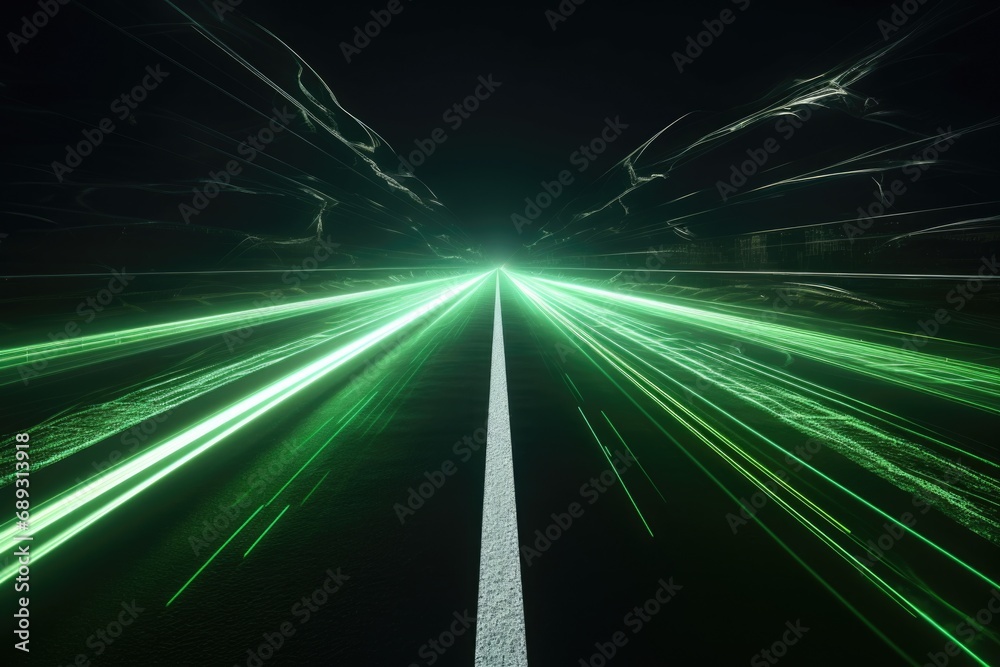 Poster a picture of a long road with green lights illuminating the way. perfect for transportation or trave