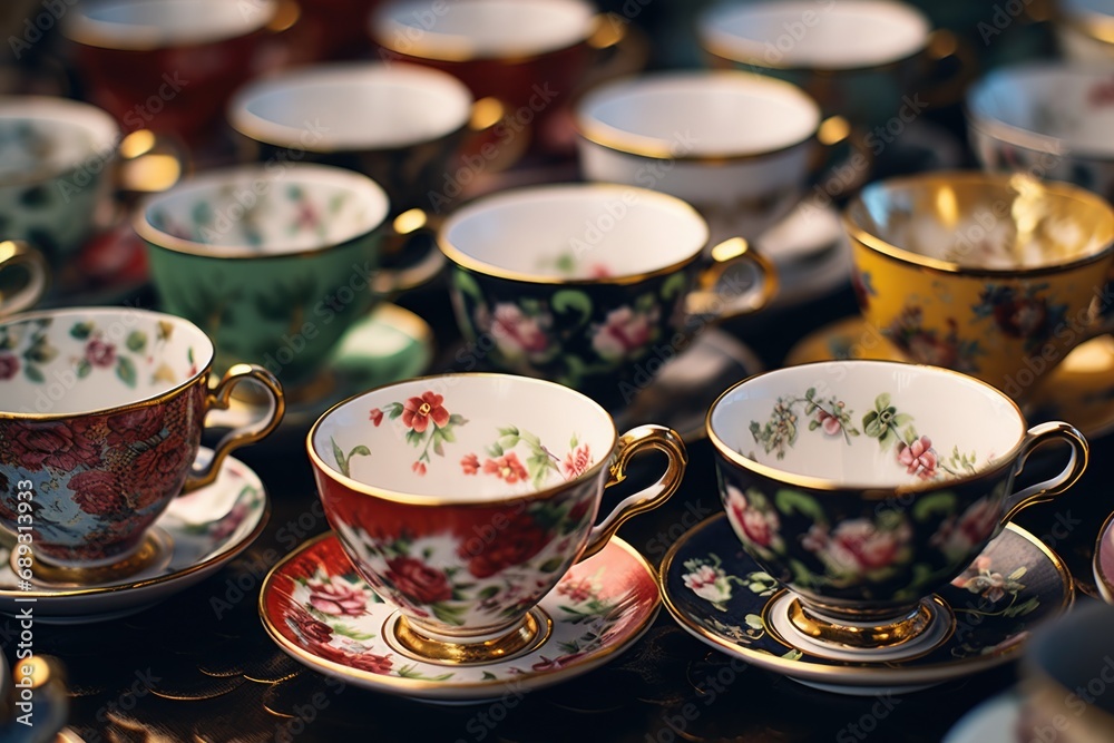 Aufkleber Cups and saucers arranged neatly on a table. Suitable for various occasions and events