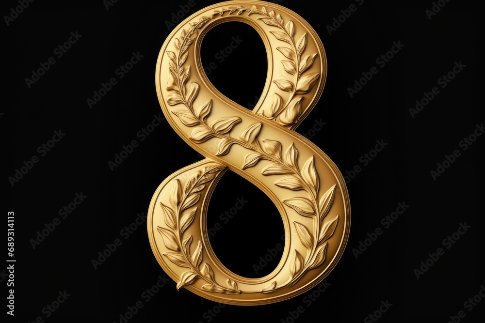 Poster a golden number eight on a black background. suitable for various design purposes