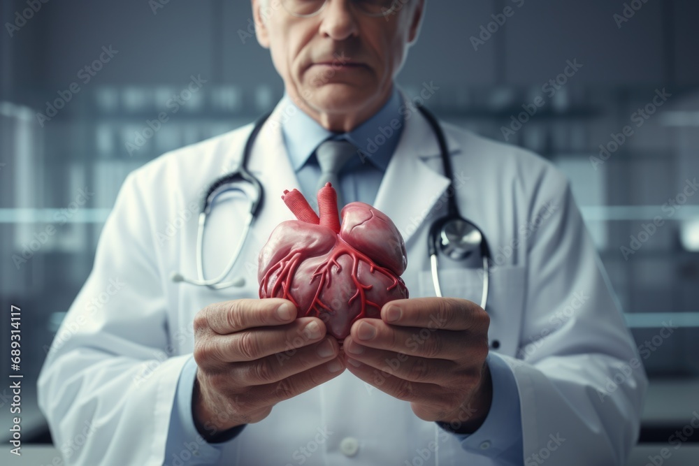 Poster a doctor is shown holding a model of a heart. this image can be used to illustrate medical concepts 