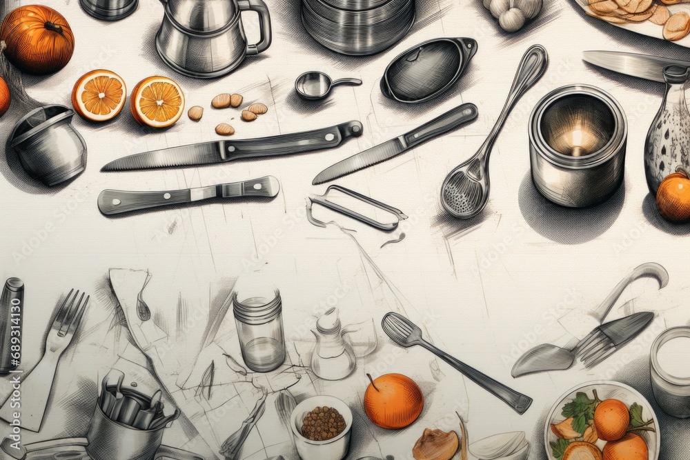 Poster a drawing of a table with utensils and oranges. suitable for kitchen decor or food-related projects