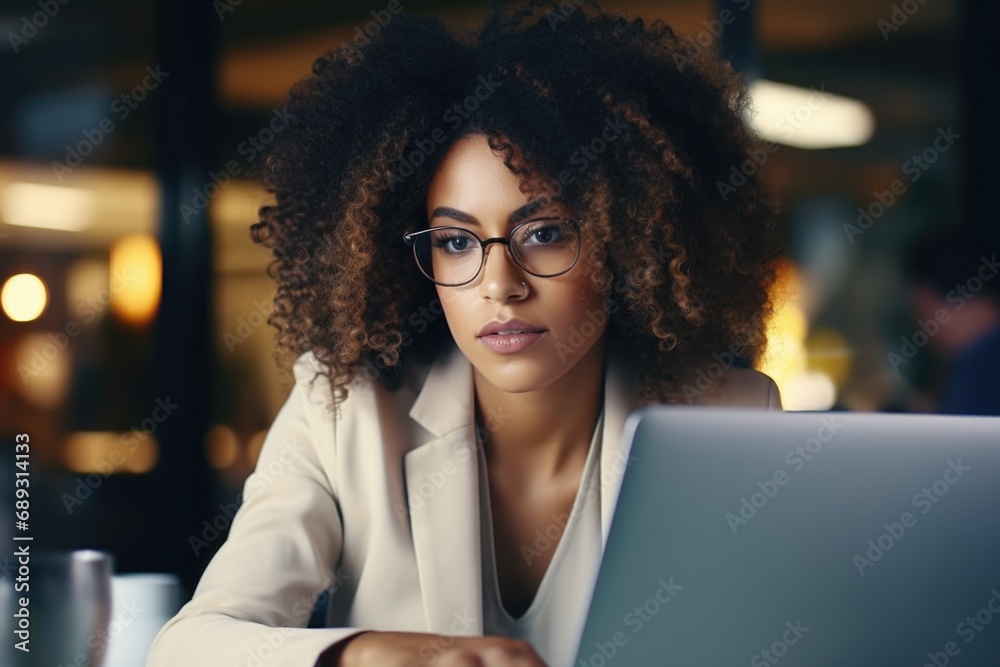 Poster a woman sitting at a table using a laptop computer. ideal for illustrating technology, remote work, 