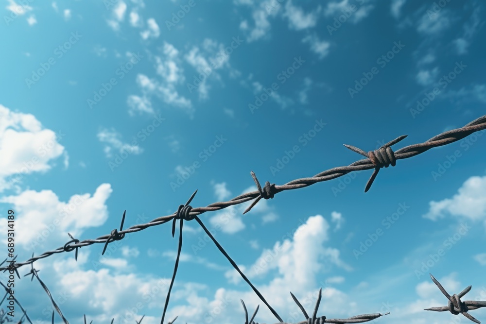 Poster a picture of a barbed wire fence against a backdrop of a clear blue sky. this image can be used to s