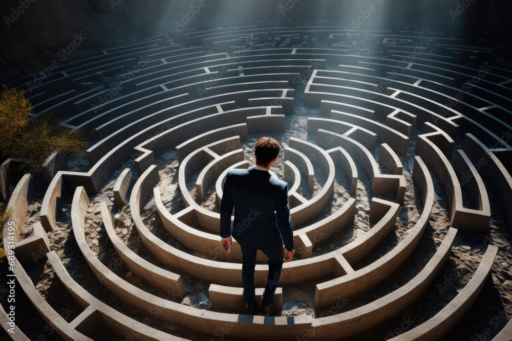 Poster A man dressed in a suit stands confidently in front of a maze. This image can be used to represent challenges, problem-solving, decision-making, or finding the right path