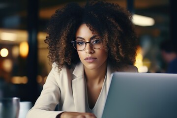 A woman sitting at a table using a laptop computer. Ideal for illustrating technology, remote work, or online communication