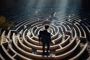 A man dressed in a suit stands confidently in front of a maze. This image can be used to represent challenges, problem-solving, decision-making, or finding the right path