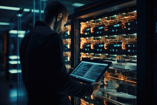 A man stands in front of a server, holding a laptop. This image can be used to depict technology, networking, or IT-related concepts