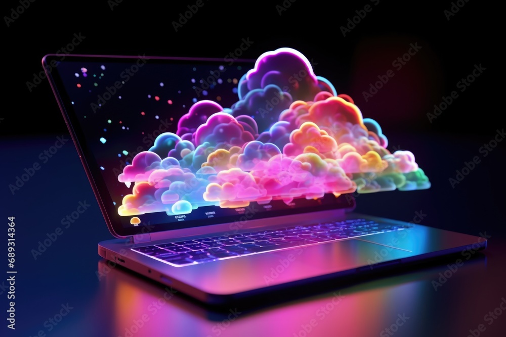 Poster A laptop with a colorful cloud displayed on the screen. Suitable for technology or cloud computing related projects