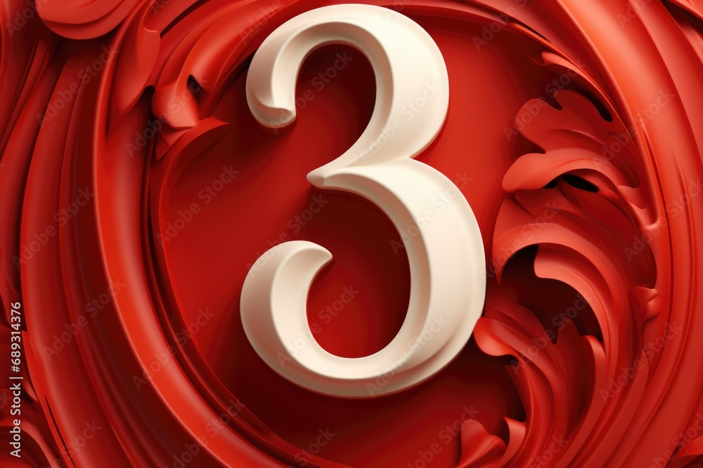 Aufkleber A picture featuring the number three surrounded by vibrant red swirls. This image can be used to represent creativity, numerology, or as a background for digital designs