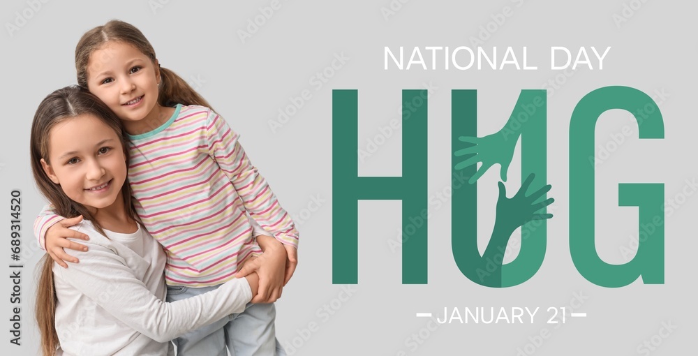 Wall mural Banner for National Hugging Day with happy little girls