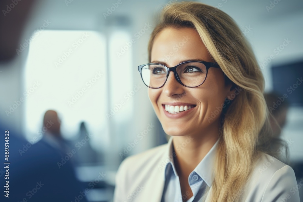 Poster a woman with glasses smiling directly at the camera. suitable for various professional and personal 
