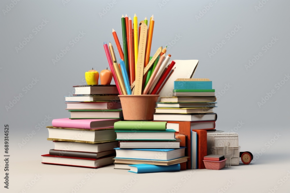 Poster a pile of books and pencils stacked on top of each other. suitable for educational and creative conc