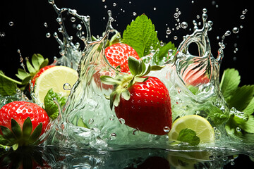 Juicy allure, Strawberries on a dark background, splashed with water a captivating stock photo capturing the freshness and vibrant appeal of summer indulgence.