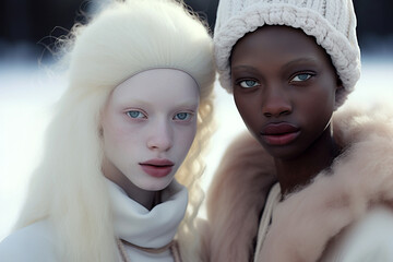 Beauty portrait of two women outside on a winter day