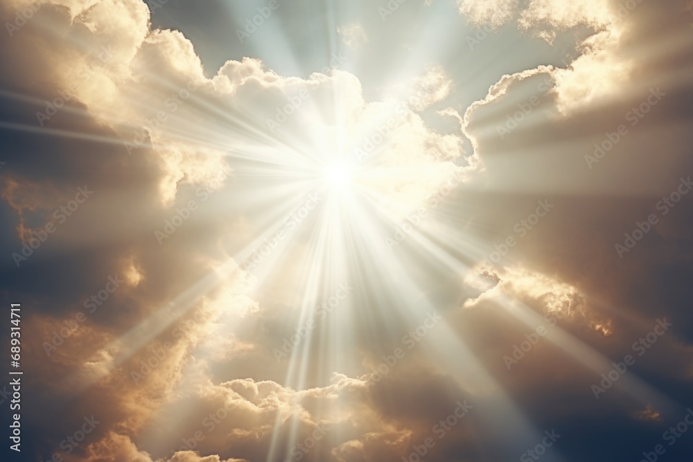 Poster Sun shining through clouds, creating a bright and vibrant scene. Ideal for use in nature-themed projects or to depict hope and positivity