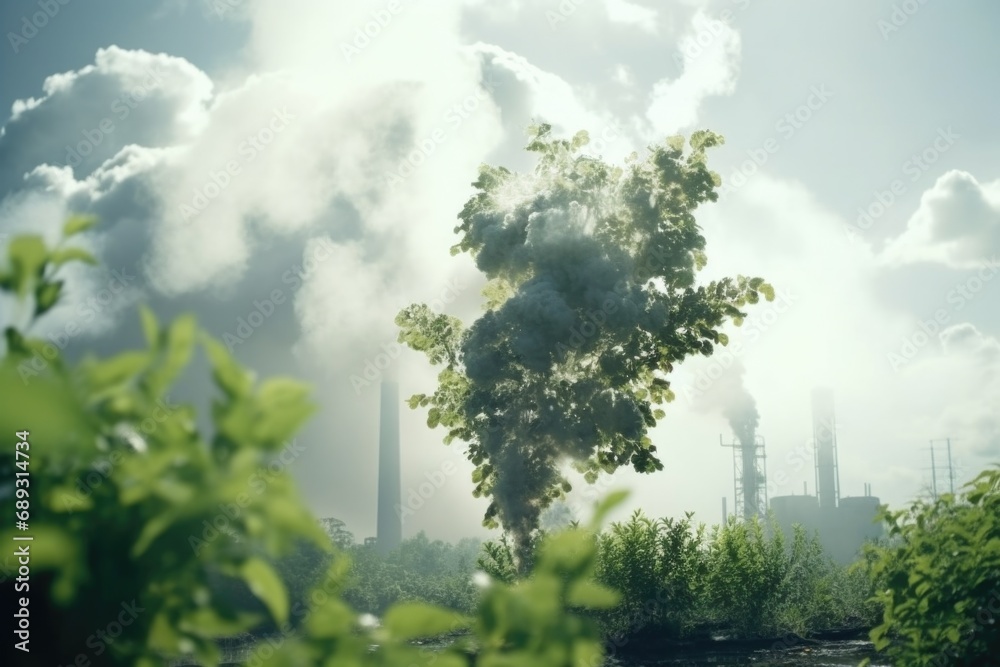 Poster a tree in a field emitting smoke. perfect for illustrating environmental issues or the concept of po