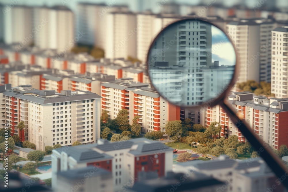 Poster a close-up view of a cityscape seen through a magnifying lens. this image can be used to represent u