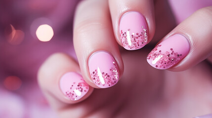 Well-groomed female hands with a beautiful neat manicure, nail design idea for Valentine's Day - obrazy, fototapety, plakaty