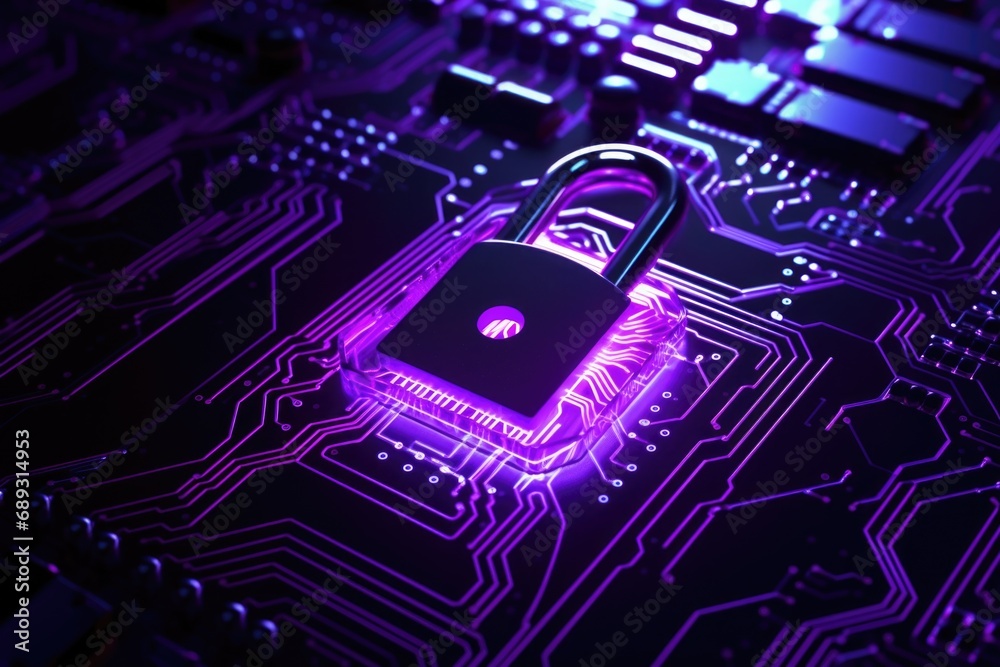Fototapete a close-up view of a circuit board with a padlock. this image can be used to represent technology se