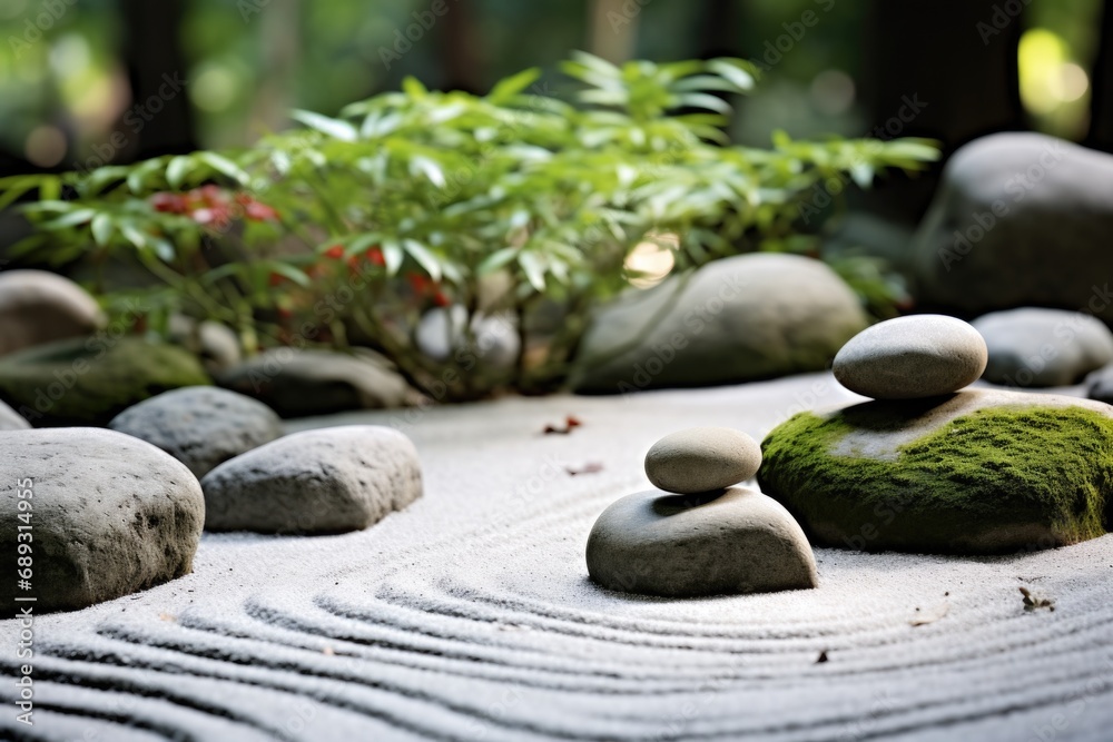 Poster a serene garden featuring rocks and a beautiful plant. perfect for adding a touch of nature to any p