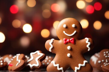 Obraz na płótnie Canvas A detailed close-up of a gingerbread man wearing a charming bow tie. Perfect for holiday decorations and festive baking projects