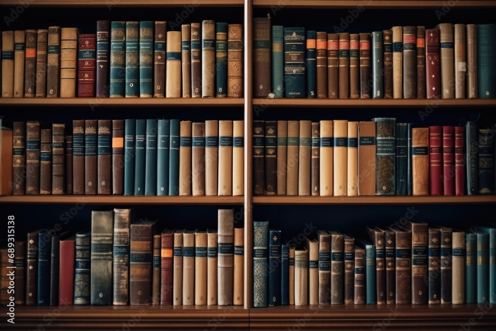 Poster A picture of a bookshelf filled with many old books. This image can be used for various purposes, such as illustrating a library