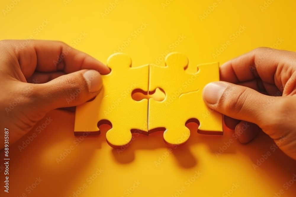 Aufkleber Two hands holding two pieces of a puzzle. Can be used to represent teamwork, problem-solving, collaboration, or finding solutions.