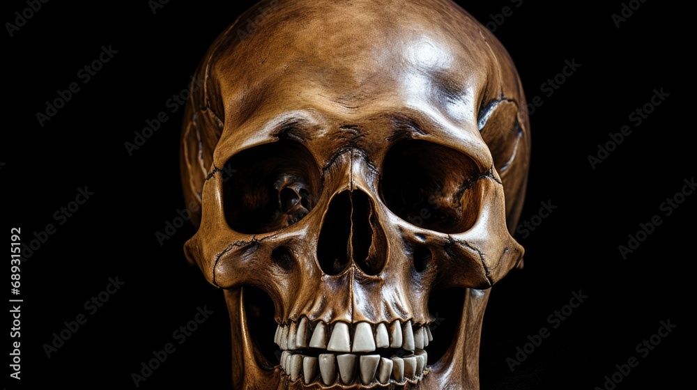 Poster a close up view of a human skull placed on a black background. this image can be used for educationa