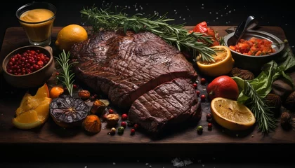 Foto op Plexiglas A large piece of pork roasted in the oven, a festive serving of food, sliced ​​steak. Protein-rich food, traditionally a festive dish for a feast  © Marynkka_muis