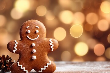 A detailed view of a gingerbread cookie placed on a table. Can be used for holiday baking or festive dessert themes - obrazy, fototapety, plakaty
