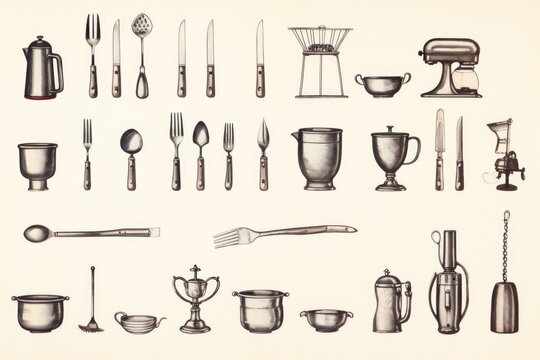 A drawing showcasing a variety of kitchen utensils. This versatile image can be used for various purposes