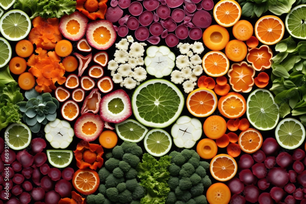 Poster a variety of fruits and vegetables arranged in a circle. perfect for healthy eating concepts or farm