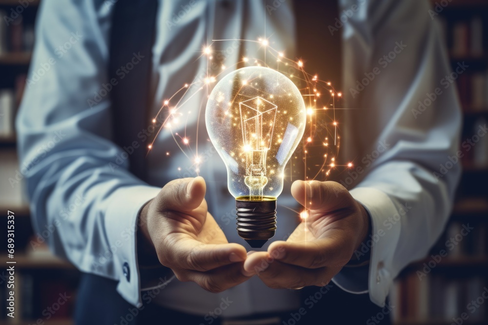 Poster a person holding a light bulb in their hands. this versatile image can be used to represent creativi