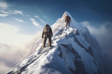 Naklejka na ściany i meble Two climbers standing on top of a snowy mountain summit. Perfect for adventure and outdoor exploration themes