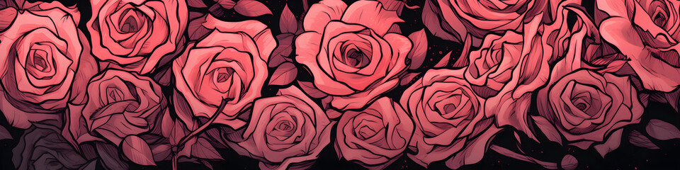 ink and water sketch of rose flowers background banner
