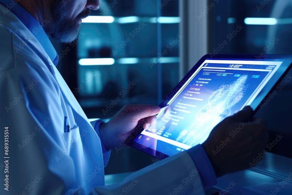 Poster A man in a lab coat is using a tablet computer. This image can be used to illustrate scientific research, technology, or education