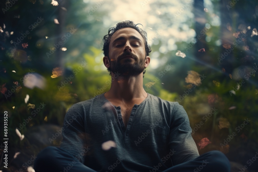 Poster a man sitting in the middle of a forest. suitable for nature-themed projects