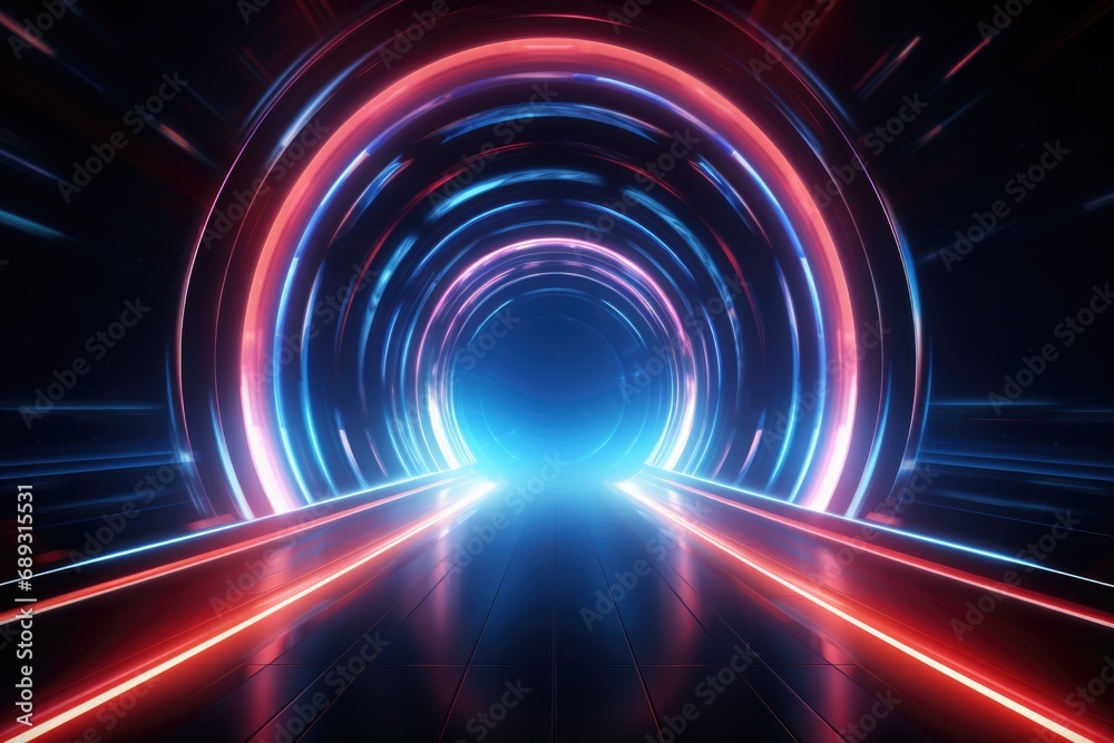 Poster a dark tunnel illuminated by red and blue lights. perfect for depicting mystery and suspense in vari