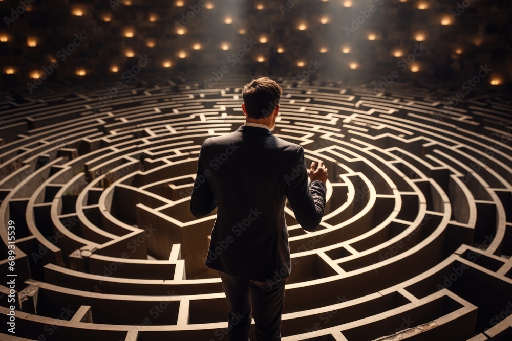 Poster A man wearing a suit stands in front of a maze. This image can be used to represent concepts such as decision-making, problem-solving, or finding one's way