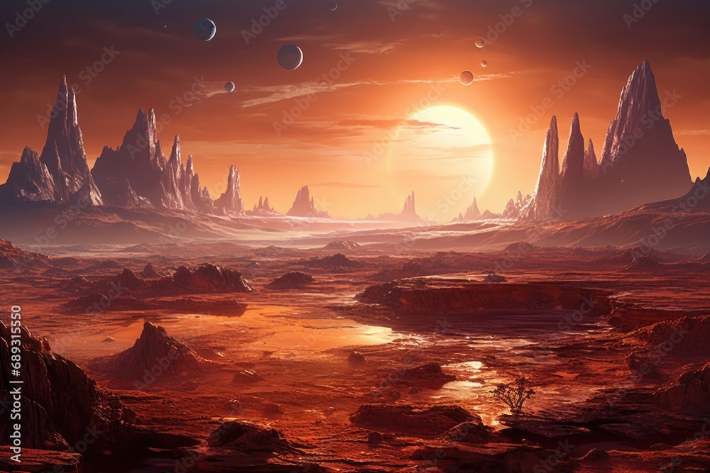 Poster a view of a desert landscape with a river running through it. can be used to depict the beauty and s
