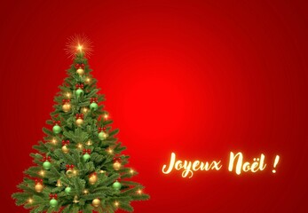 Naklejka na ściany i meble Felicitación, árbol de navidad, adorno, fondo rojo iluminado