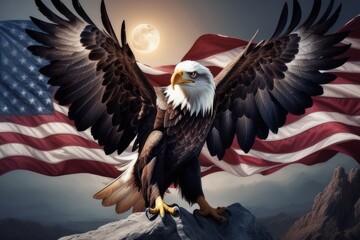 american bald eagle with flag usa created with generative AI software - obrazy, fototapety, plakaty