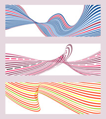 Wavy lines or ribbons. Set of 3 backgrounds. Multicolored striped gradient. Creative unusual background with abstract gradient wave lines to create a trendy banner, poster. vector eps