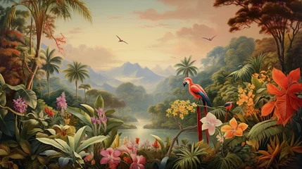 Selbstklebende Fototapeten Tropical paradise with exotic birds and lush foliage in a lively illustrated landscape © Image Studio