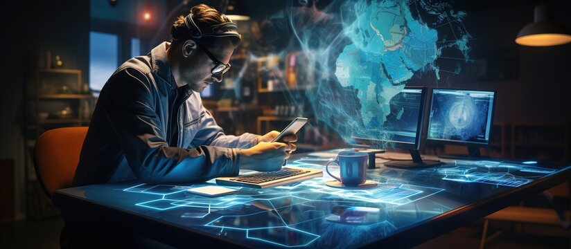 Using the future: man using futuristic technology in office