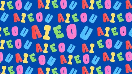Vowel background, dark blue color palette, middle vowels look bigger. there are five colors; red, yellow, green, pink, and light blue.