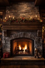 Festive Fireplace with Cozy Decor and Twinkling Lights, Perfect for Midjourney Ambiance