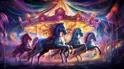 Vibrant carousel horses in a fantastical, animated carnival illustration - obrazy, fototapety, plakaty