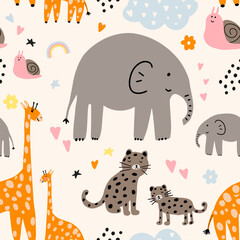 Obraz na płótnie Canvas Animals Parent with Baby. Brightly colored childish print. Cute animals for Mother's Day. Colorful kids seamless pattern